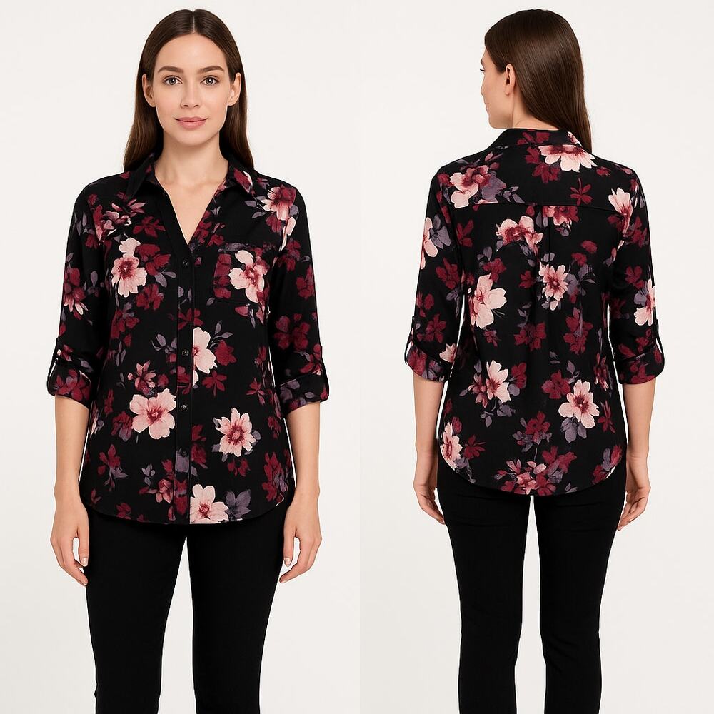 A. Byer Floral Button Front Womens Blouse Medium Black Pink Purple Preppy